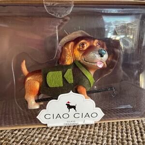 CIAO CIAO blown glass dog fishing theme Christmas ornament Italy